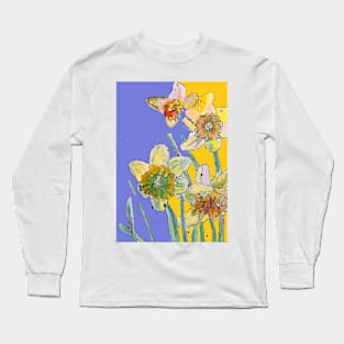 Abstract Yellow Daffodil Watercolor Pattern on mid Purple Long Sleeve T-Shirt